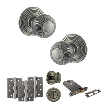 Quality image of Old English Ripon Door Knob Pack (Lock Set - Horizontal Bathlock, 4" Fire Rated Hinges x3) - Distressed Silver | Sku. adpoe50rmkds72 | available from Trade Door Handles.