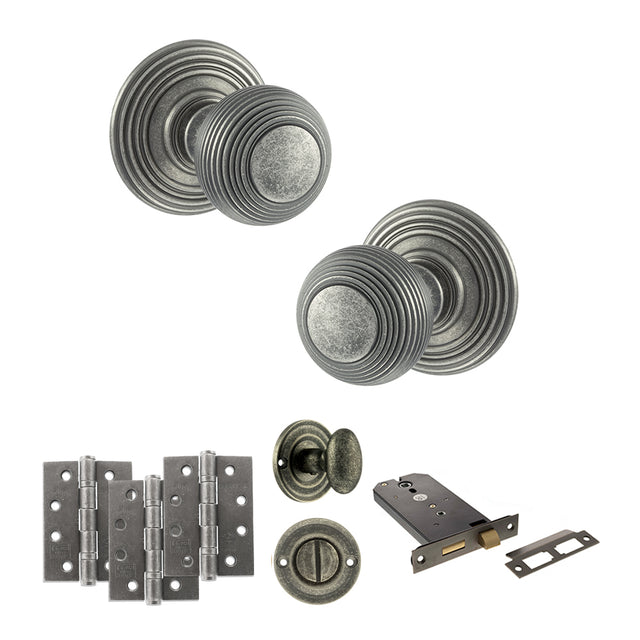 Quality image of Old English Ripon Door Knob Pack (Lock Set - Horizontal Bathlock, 4" Fire Rated Hinges x3) - Distressed Silver | Sku. adpoe50rmkds72 | available from Trade Door Handles.