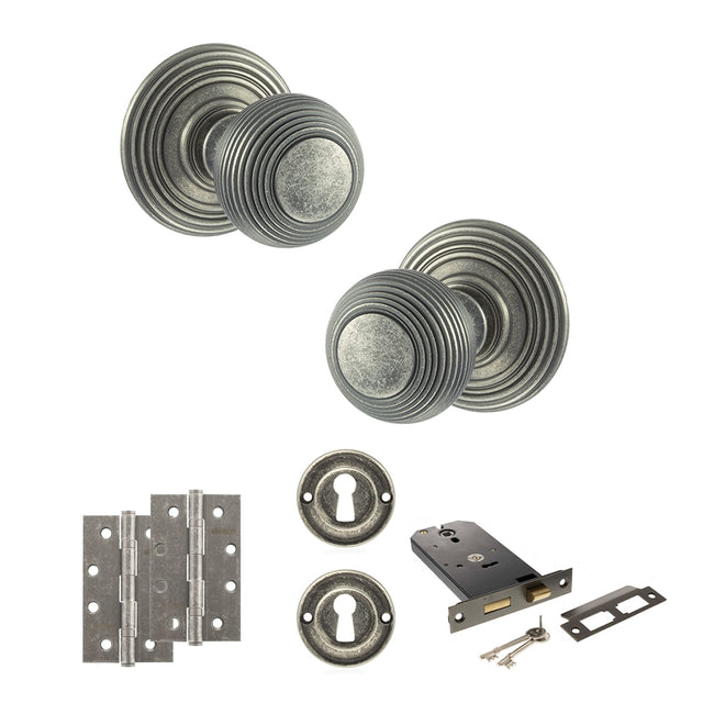 Quality image of Old English Ripon Door Knob Pack (Lock Set - Horizontal Sashlock, 4" Slim Knuckle Hinges x2) - Distressed Silver | Sku. adpoe50rmkds73 | available from Trade Door Handles.