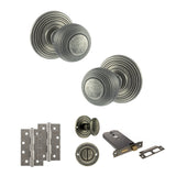 Quality image of Old English Ripon Door Knob Pack (Lock Set - Horizontal Bathlock, 4" Slim Knuckle Hinges x2) - Distressed Silver | Sku. adpoe50rmkds74 | available from Trade Door Handles.