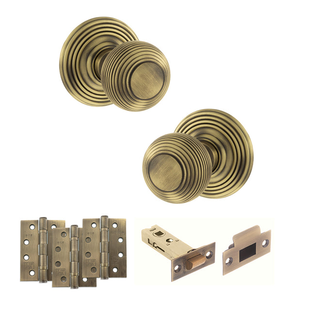 Quality image of Old English Ripon Door Knob Pack (Latch Set - 3" HD Latch, 4" Fire Rated Hinges x3) - Matt Antique Brass | Sku. adpoe50rmkmab56 | available from Trade Door Handles.
