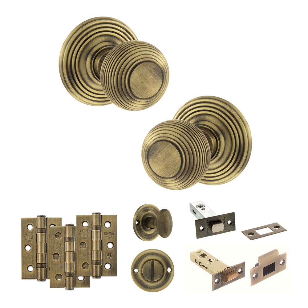 Quality image of Old English Ripon Door Knob Pack (Bathroom Set - 4" Deadbolt, 3" Fire Rated Hinges x3) - Matt Antique Brass | Sku. adpoe50rmkmab61 | available from Trade Door Handles.