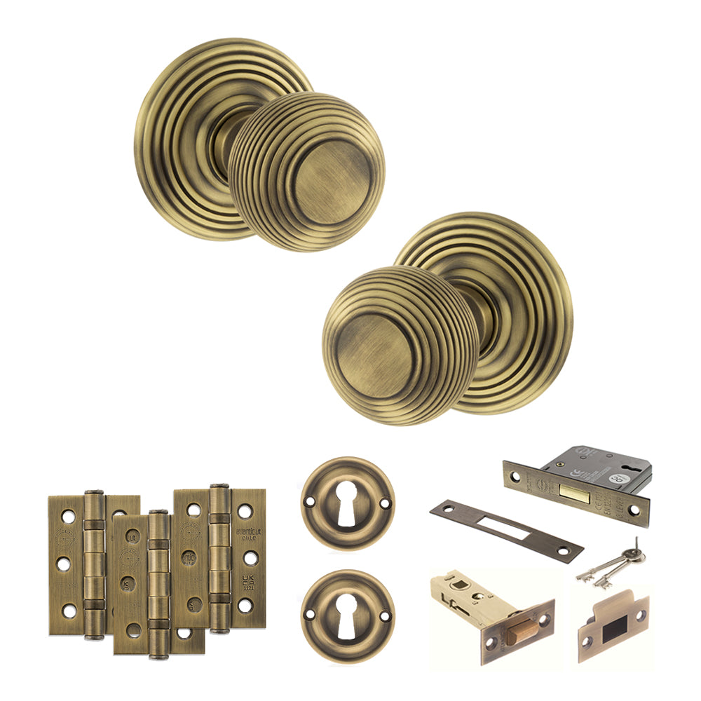 Quality image of Old English Ripon Door Knob Pack (Lock Set - 3" Latch & Deadlock, 3" Fire Rated Hinges x3) - Matt Antique Brass | Sku. adpoe50rmkmab66 | available from Trade Door Handles.