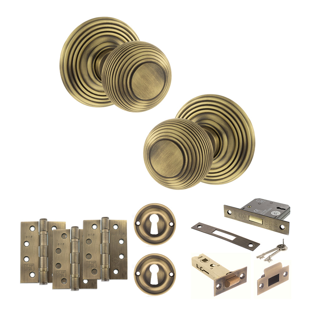 Quality image of Old English Ripon Door Knob Pack (Lock Set - 3" Latch & Deadlock, 4" Fire Rated Hinges x3) - Matt Antique Brass | Sku. adpoe50rmkmab67 | available from Trade Door Handles.