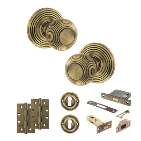 Quality image of Old English Ripon Door Knob Pack (Lock Set - 3" Latch & Deadlock, 4" Slim Knuckle Hinges x2) - Matt Antique Brass | Sku. adpoe50rmkmab68 | available from Trade Door Handles.