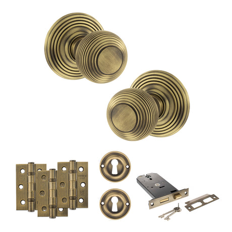 Quality image of Old English Ripon Door Knob Pack (Lock Set - Horizontal Sashlock, 3" Fire Rated Hinges x3) - Matt Antique Brass | Sku. adpoe50rmkmab69 | available from Trade Door Handles.