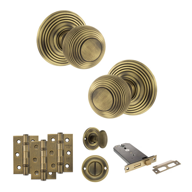 Quality image of Old English Ripon Door Knob Pack (Lock Set - Horizontal Bathlock, 3" Fire Rated Hinges x3) - Matt Antique Brass | Sku. adpoe50rmkmab70 | available from Trade Door Handles.