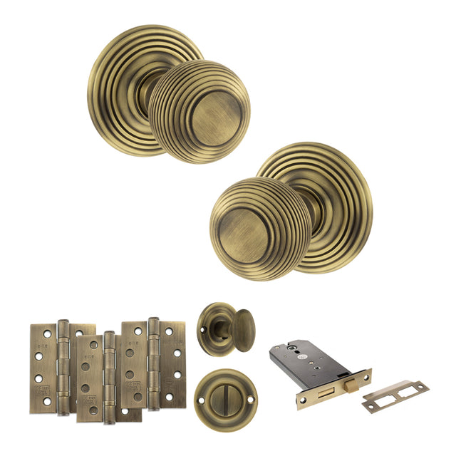 Quality image of Old English Ripon Door Knob Pack (Lock Set - Horizontal Bathlock, 4" Fire Rated Hinges x3) - Matt Antique Brass | Sku. adpoe50rmkmab72 | available from Trade Door Handles.