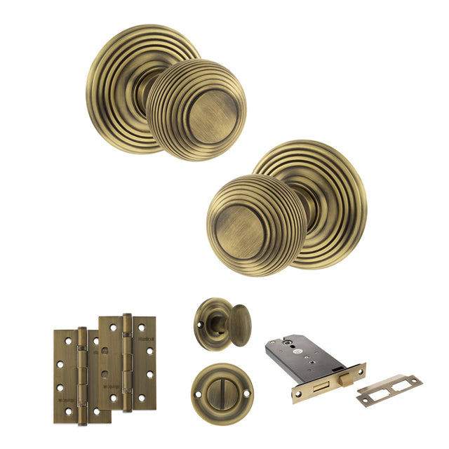 Quality image of Old English Ripon Door Knob Pack (Lock Set - Horizontal Bathlock, 4" Slim Knuckle Hinges x2) - Matt Antique Brass | Sku. adpoe50rmkmab74 | available from Trade Door Handles.