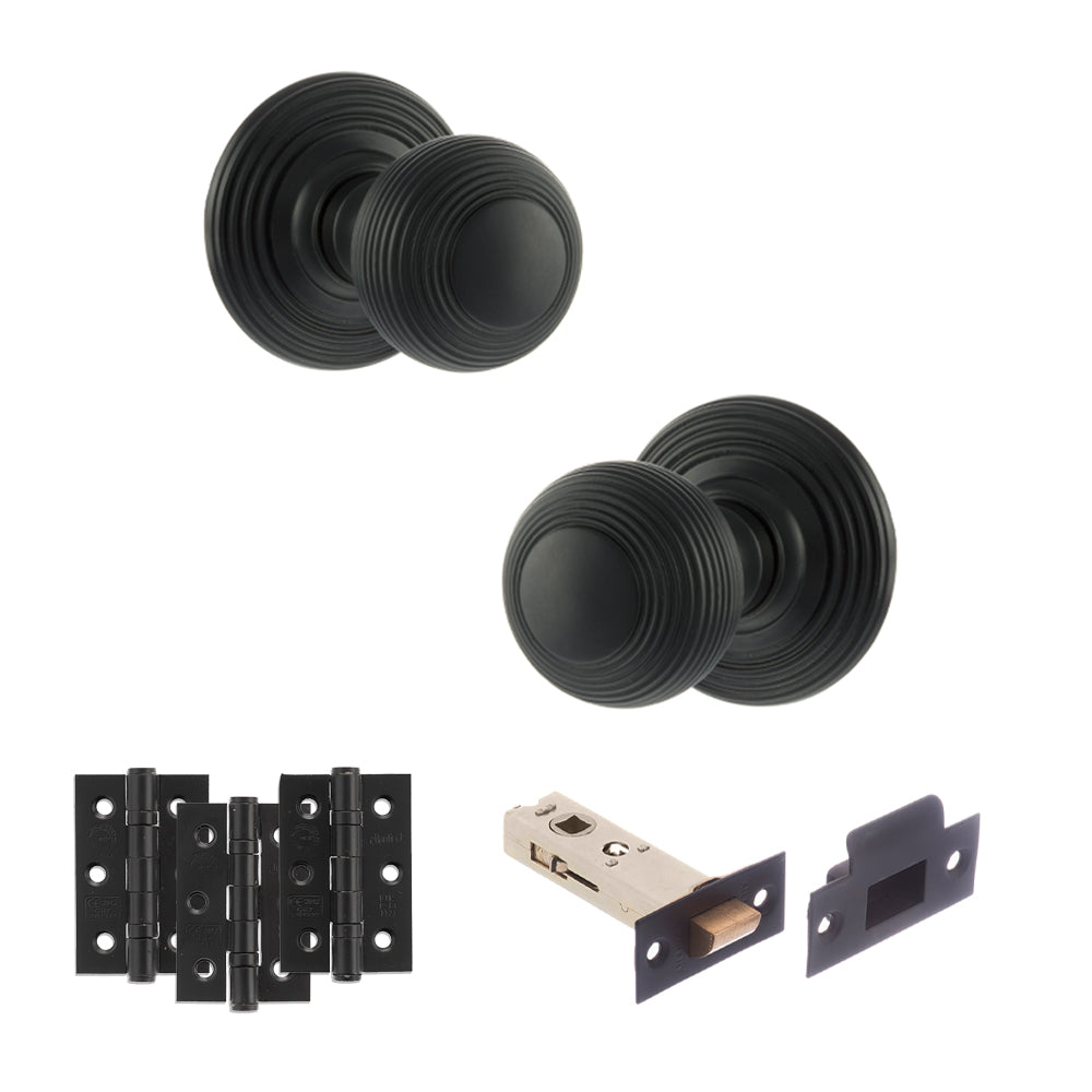 Quality image of Old English Ripon Door Knob Pack (Latch Set - 4" HD Latch, 3" Fire Rated Hinges x3) - Matt Black | Sku. adpoe50rmkmb55 | available from Trade Door Handles.