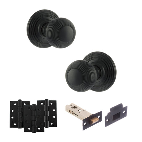 Quality image of Old English Ripon Door Knob Pack (Latch Set - 3" HD Latch, 4" Fire Rated Hinges x3) - Matt Black | Sku. adpoe50rmkmb56 | available from Trade Door Handles.
