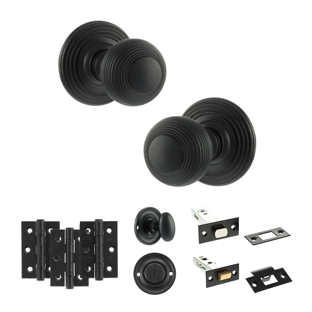 Quality image of Old English Ripon Door Knob Pack (Bathroom Set - 3" Deadbolt, 3" Fire Rated Hinges x3) - Matt Black | Sku. adpoe50rmkmb60 | available from Trade Door Handles.