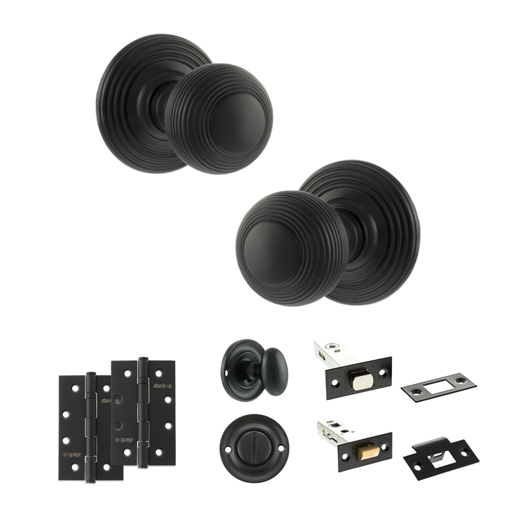 Quality image of Old English Ripon Door Knob Pack (Bathroom Set - 3" Deadbolt, 4" Slim Knuckle Hinges x2) - Matt Black | Sku. adpoe50rmkmb64 | available from Trade Door Handles.