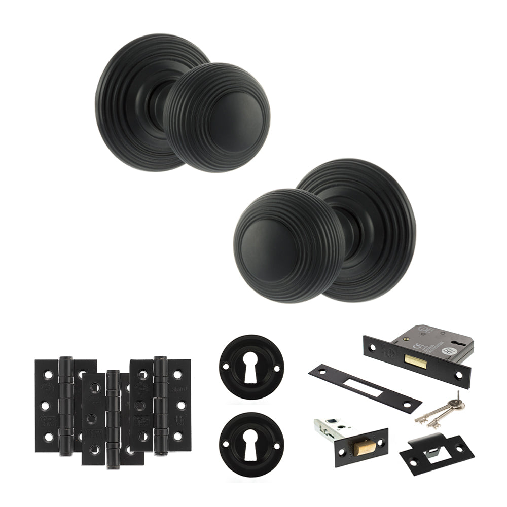 Quality image of Old English Ripon Door Knob Pack (Lock Set - 3" Latch & Deadlock, 3" Fire Rated Hinges x3) - Matt Black | Sku. adpoe50rmkmb66 | available from Trade Door Handles.
