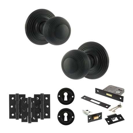 Quality image of Old English Ripon Door Knob Pack (Lock Set - 3" Latch & Deadlock, 3" Fire Rated Hinges x3) - Matt Black | Sku. adpoe50rmkmb66 | available from Trade Door Handles.