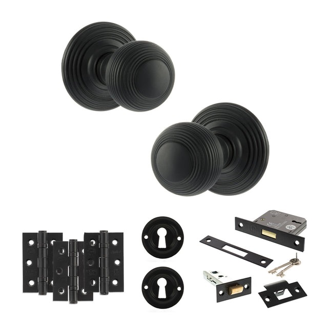 Quality image of Old English Ripon Door Knob Pack (Lock Set - 3" Latch & Deadlock, 3" Fire Rated Hinges x3) - Matt Black | Sku. adpoe50rmkmb66 | available from Trade Door Handles.