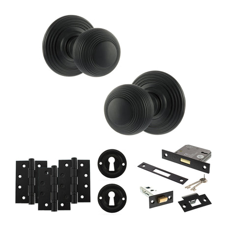Quality image of Old English Ripon Door Knob Pack (Lock Set - 3" Latch & Deadlock, 4" Fire Rated Hinges x3) - Matt Black | Sku. adpoe50rmkmb67 | available from Trade Door Handles.