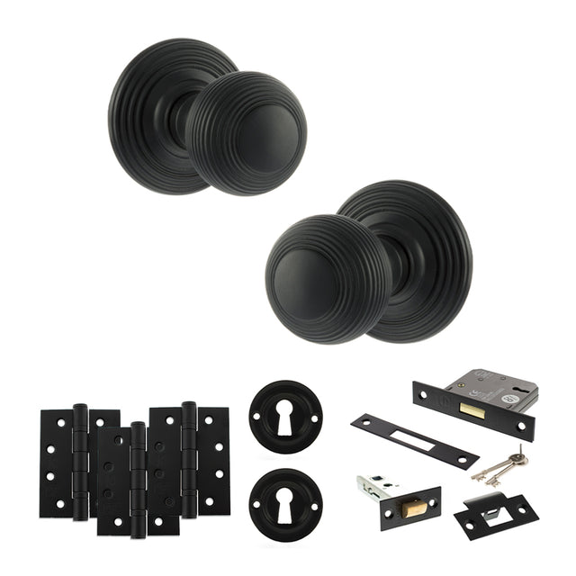 Quality image of Old English Ripon Door Knob Pack (Lock Set - 3" Latch & Deadlock, 4" Fire Rated Hinges x3) - Matt Black | Sku. adpoe50rmkmb67 | available from Trade Door Handles.