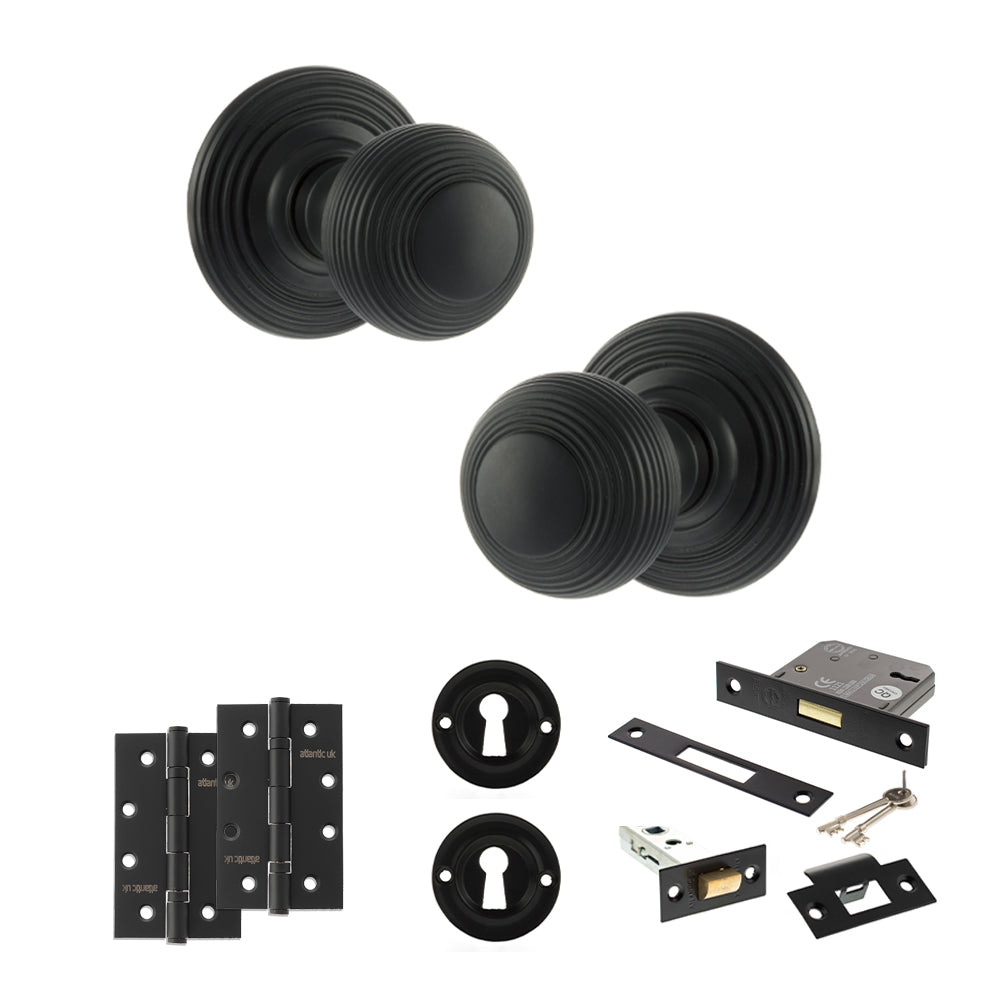 Quality image of Old English Ripon Door Knob Pack (Lock Set - 3" Latch & Deadlock, 4" Slim Knuckle Hinges x2) - Matt Black | Sku. adpoe50rmkmb68 | available from Trade Door Handles.