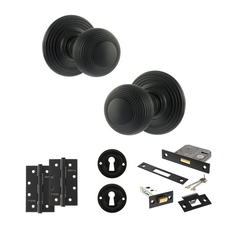Quality image of Old English Ripon Door Knob Pack (Lock Set - 3" Latch & Deadlock, 4" Slim Knuckle Hinges x2) - Matt Black | Sku. adpoe50rmkmb68 | available from Trade Door Handles.
