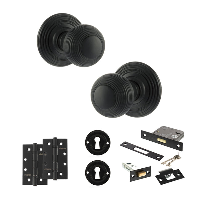 Quality image of Old English Ripon Door Knob Pack (Lock Set - 3" Latch & Deadlock, 4" Slim Knuckle Hinges x2) - Matt Black | Sku. adpoe50rmkmb68 | available from Trade Door Handles.