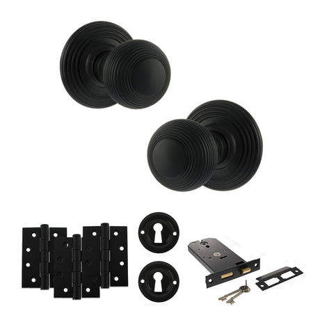 Quality image of Old English Ripon Door Knob Pack (Lock Set - Horizontal Sashlock, 4" Fire Rated Hinges x3) - Matt Black | Sku. adpoe50rmkmb71 | available from Trade Door Handles.