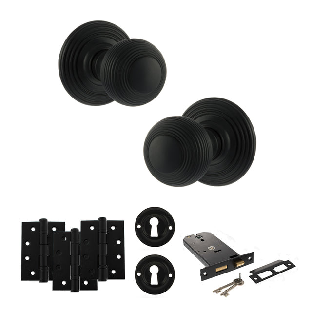 Quality image of Old English Ripon Door Knob Pack (Lock Set - Horizontal Sashlock, 4" Fire Rated Hinges x3) - Matt Black | Sku. adpoe50rmkmb71 | available from Trade Door Handles.