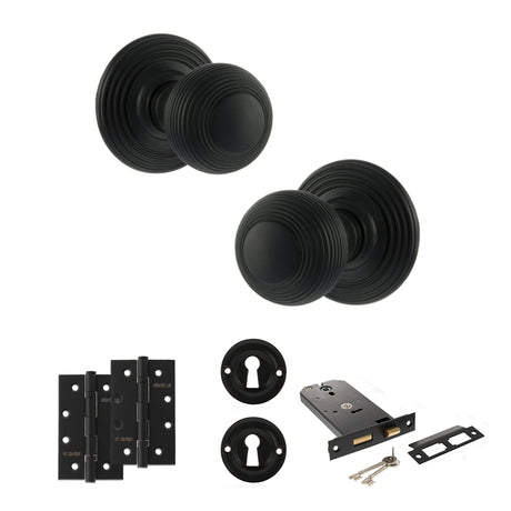 Quality image of Old English Ripon Door Knob Pack (Lock Set - Horizontal Sashlock, 4" Slim Knuckle Hinges x2) - Matt Black | Sku. adpoe50rmkmb73 | available from Trade Door Handles.