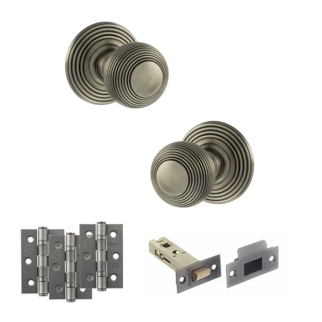 Quality image of Old English Ripon Door Knob Pack (Latch Set - 3" HD Latch, 3" Fire Rated Hinges x3) - Matt Gun Metal | Sku. adpoe50rmkmbn54 | available from Trade Door Handles.