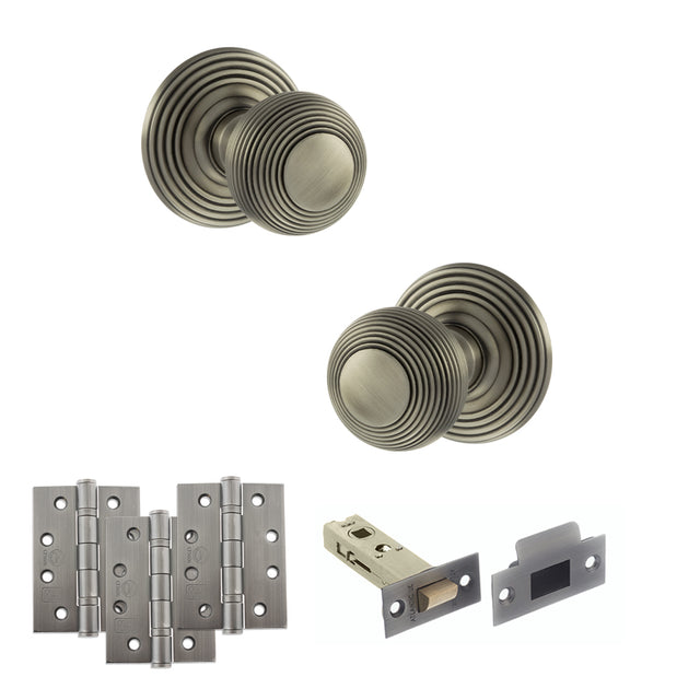 Quality image of Old English Ripon Door Knob Pack (Latch Set - 3" HD Latch, 4" Fire Rated Hinges x3) - Matt Gun Metal | Sku. adpoe50rmkmbn56 | available from Trade Door Handles.