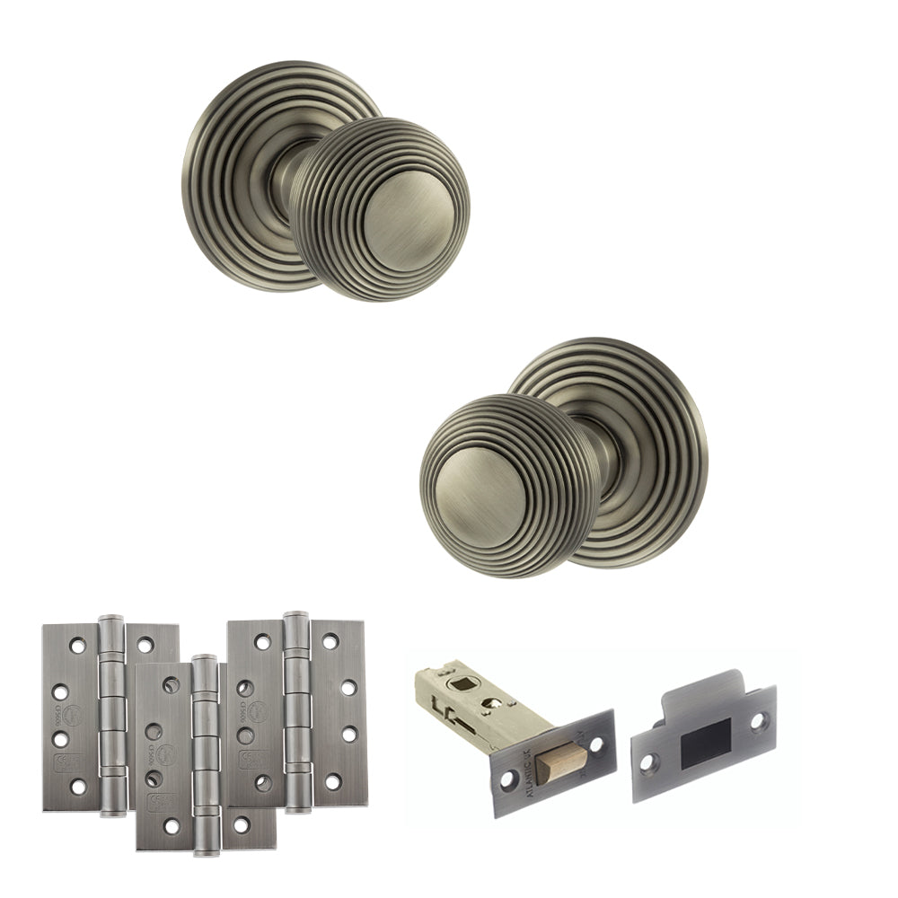 Quality image of Old English Ripon Door Knob Pack (Latch Set - 4" HD Latch, 4" Fire Rated Hinges x3) - Matt Gun Metal | Sku. adpoe50rmkmbn57 | available from Trade Door Handles.
