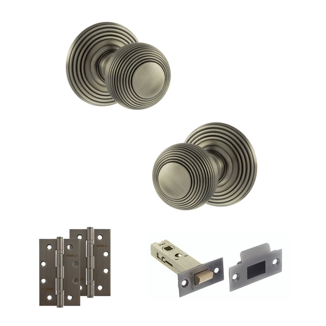 Quality image of Old English Ripon Door Knob Pack (Latch Set - 3" HD Latch, 4" Slim Knuckle Hinges x2) - Matt Gun Metal | Sku. adpoe50rmkmbn58 | available from Trade Door Handles.