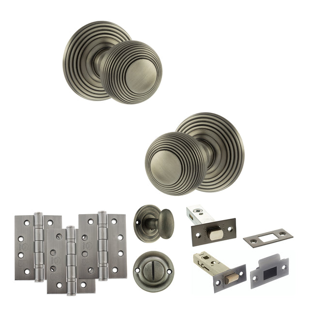 Quality image of Old English Ripon Door Knob Pack (Bathroom Set - 4" Deadbolt, 4" Fire Rated Hinges x3) - Matt Gun Metal | Sku. adpoe50rmkmbn63 | available from Trade Door Handles.
