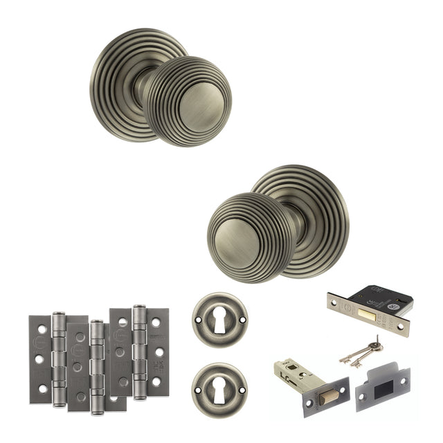 Quality image of Old English Ripon Door Knob Pack (Lock Set - 3" Latch & Deadlock, 3" Fire Rated Hinges x3) - Matt Gun Metal | Sku. adpoe50rmkmbn66 | available from Trade Door Handles.