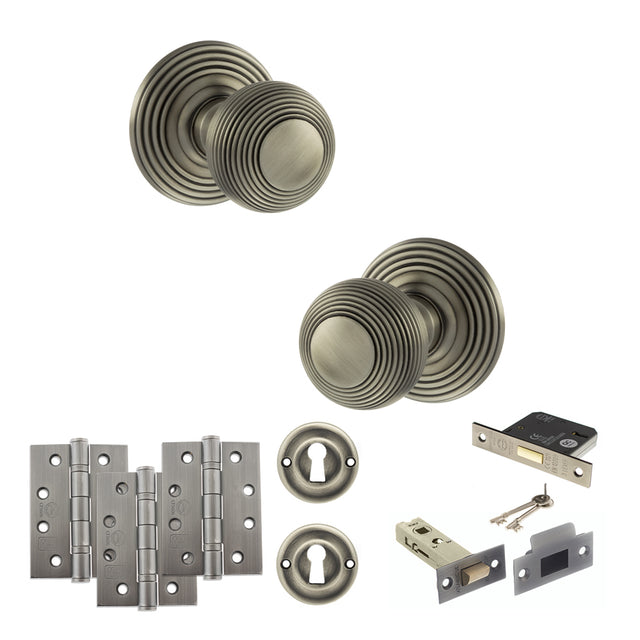 Quality image of Old English Ripon Door Knob Pack (Lock Set - 3" Latch & Deadlock, 4" Fire Rated Hinges x3) - Matt Gun Metal | Sku. adpoe50rmkmbn67 | available from Trade Door Handles.