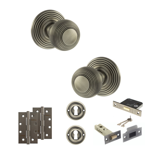 Quality image of Old English Ripon Door Knob Pack (Lock Set - 3" Latch & Deadlock, 4" Slim Knuckle Hinges x2) - Matt Gun Metal | Sku. adpoe50rmkmbn68 | available from Trade Door Handles.
