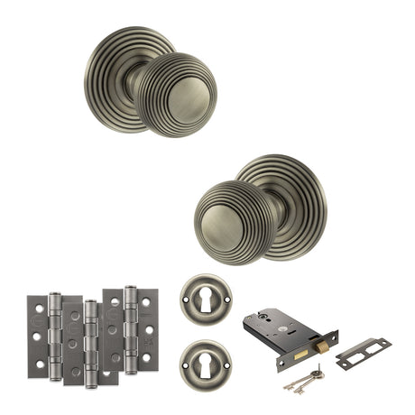 Quality image of Old English Ripon Door Knob Pack (Lock Set - Horizontal Sashlock, 3" Fire Rated Hinges x3) - Matt Gun Metal | Sku. adpoe50rmkmbn69 | available from Trade Door Handles.