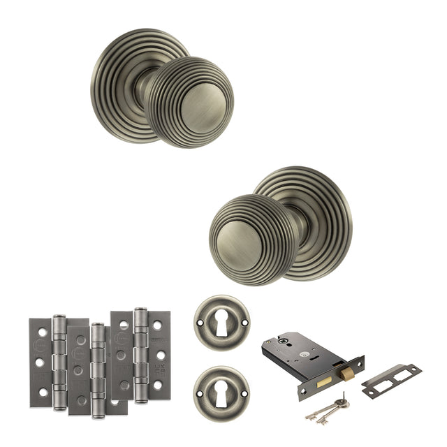 Quality image of Old English Ripon Door Knob Pack (Lock Set - Horizontal Sashlock, 3" Fire Rated Hinges x3) - Matt Gun Metal | Sku. adpoe50rmkmbn69 | available from Trade Door Handles.