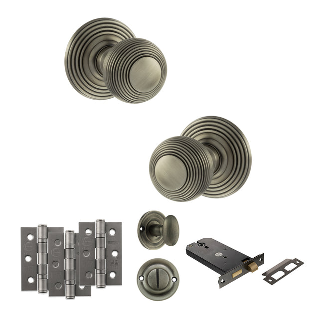 Quality image of Old English Ripon Door Knob Pack (Lock Set - Horizontal Bathlock, 3" Fire Rated Hinges x3) - Matt Gun Metal | Sku. adpoe50rmkmbn70 | available from Trade Door Handles.