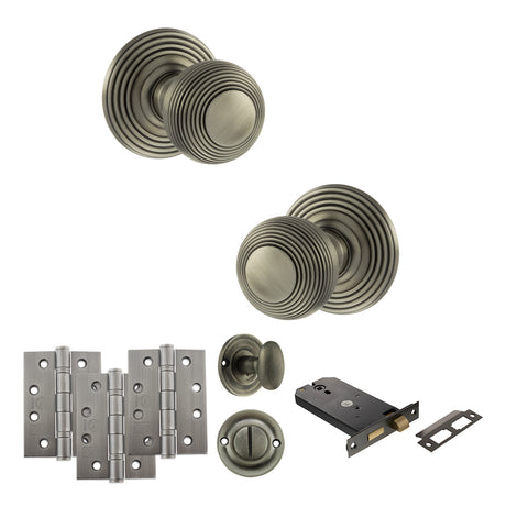 Quality image of Old English Ripon Door Knob Pack (Lock Set - Horizontal Bathlock, 4" Fire Rated Hinges x3) - Matt Gun Metal | Sku. adpoe50rmkmbn72 | available from Trade Door Handles.