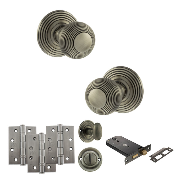 Quality image of Old English Ripon Door Knob Pack (Lock Set - Horizontal Bathlock, 4" Fire Rated Hinges x3) - Matt Gun Metal | Sku. adpoe50rmkmbn72 | available from Trade Door Handles.