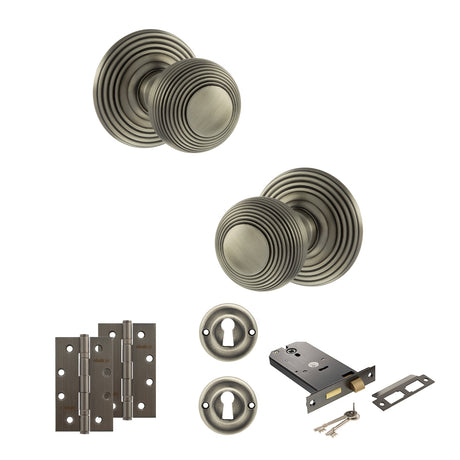 Quality image of Old English Ripon Door Knob Pack (Lock Set - Horizontal Sashlock, 4" Slim Knuckle Hinges x2) - Matt Gun Metal | Sku. adpoe50rmkmbn73 | available from Trade Door Handles.