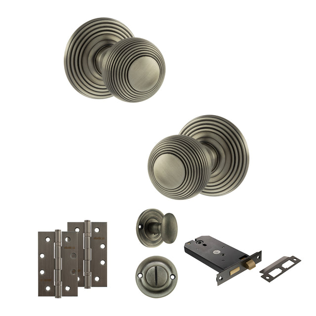 Quality image of Old English Ripon Door Knob Pack (Lock Set - Horizontal Bathlock, 4" Slim Knuckle Hinges x2) - Matt Gun Metal | Sku. adpoe50rmkmbn74 | available from Trade Door Handles.
