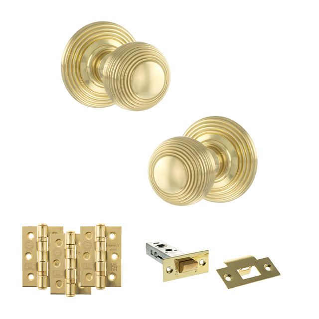 Quality image of Old English Ripon Door Knob Pack (Latch Set - 3" HD Latch, 3" Fire Rated Hinges x3) - Polished Brass | Sku. adpoe50rmkpb54 | available from Trade Door Handles.