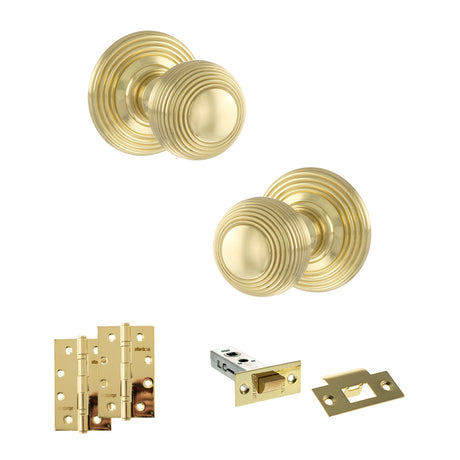Quality image of Old English Ripon Door Knob Pack (Latch Set - 3" HD Latch, 4" Slim Knuckle Hinges x2) - Polished Brass | Sku. adpoe50rmkpb58 | available from Trade Door Handles.