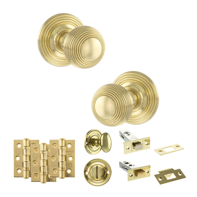 Quality image of Old English Ripon Door Knob Pack (Bathroom Set - 4" Deadbolt, 3" Fire Rated Hinges x3) - Polished Brass | Sku. adpoe50rmkpb61 | available from Trade Door Handles.