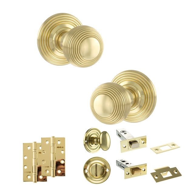 Quality image of Old English Ripon Door Knob Pack (Bathroom Set - 3" Deadbolt, 4" Slim Knuckle Hinges x2) - Polished Brass | Sku. adpoe50rmkpb64 | available from Trade Door Handles.