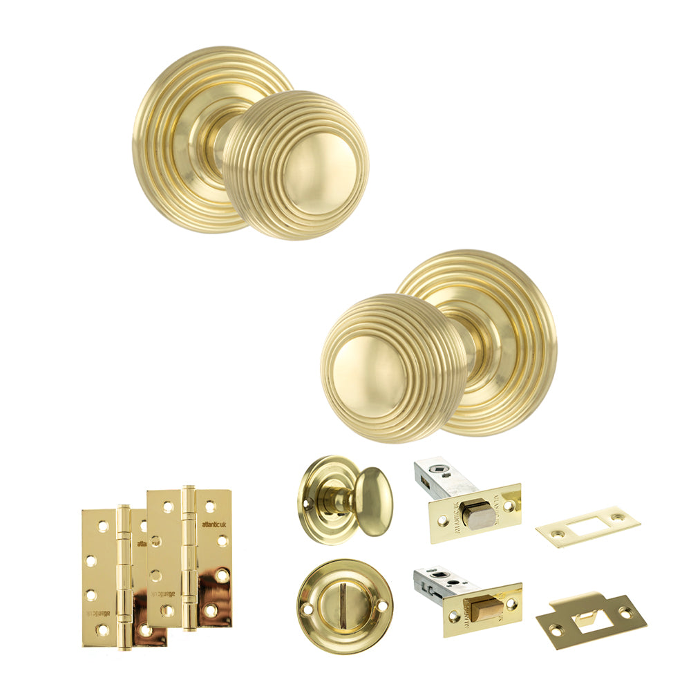 Quality image of Old English Ripon Door Knob Pack (Bathroom Set - 4" Deadbolt, 4" Slim Knuckle Hinges x2) - Polished Brass | Sku. adpoe50rmkpb65 | available from Trade Door Handles.