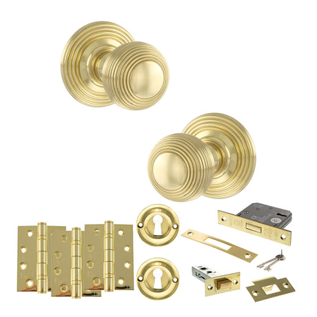 Quality image of Old English Ripon Door Knob Pack (Lock Set - 3" Latch & Deadlock, 4" Fire Rated Hinges x3) - Polished Brass | Sku. adpoe50rmkpb67 | available from Trade Door Handles.