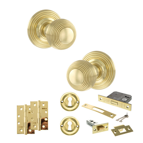Quality image of Old English Ripon Door Knob Pack (Lock Set - 3" Latch & Deadlock, 4" Slim Knuckle Hinges x2) - Polished Brass | Sku. adpoe50rmkpb68 | available from Trade Door Handles.